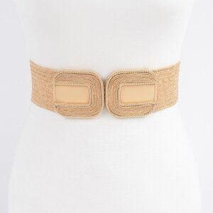 Faux Straw Two Buckles Elastic Belt